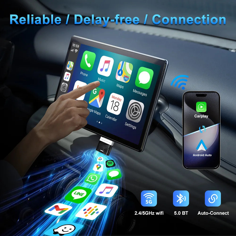 2 in 1 AI Box Mini Adapter Wired to Wireless Carplay&Android Auto Compatible with 99% of Cars Plug and Play Wifi Smart Dongle