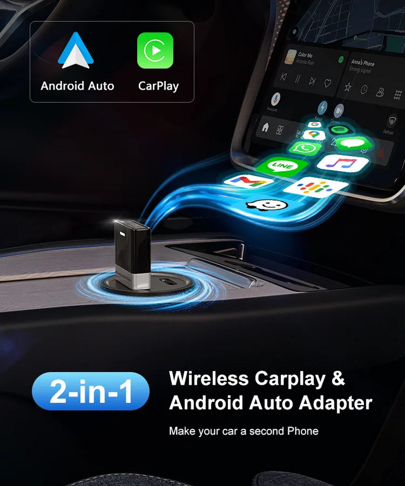 2 in 1 AI Box Mini Adapter Wired to Wireless Carplay&Android Auto Compatible with 99% of Cars Plug and Play Wifi Smart Dongle