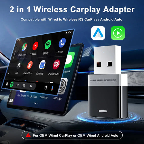 2 in 1 AI Box Mini Adapter Wired to Wireless Carplay&Android Auto Compatible with 99% of Cars Plug and Play Wifi Smart Dongle