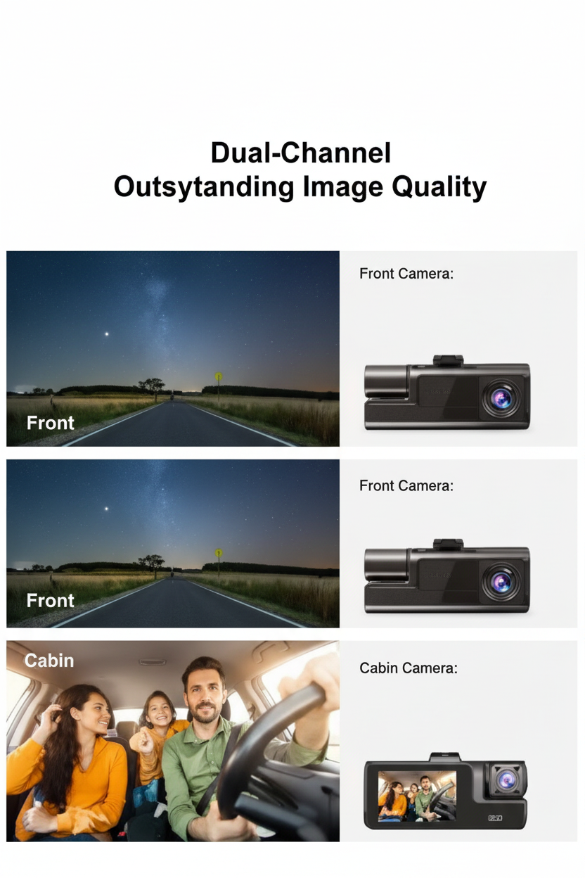 Dual-Lens Car Accessories Dash Cam Fhd1080P Front and 720P Internal Wide-Angle Recording Car Dvr Camera with Infrared Night Vision