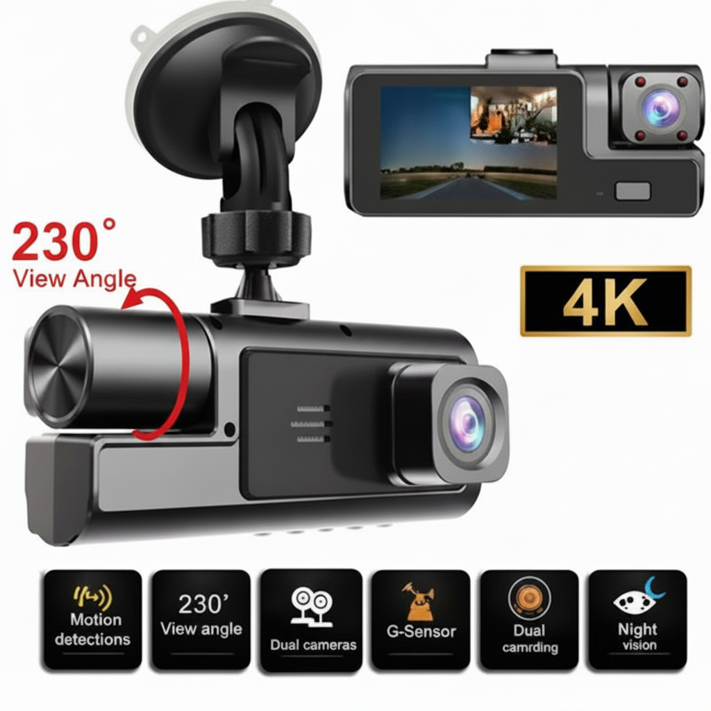 Dual-Lens Car Accessories Dash Cam Fhd1080P Front and 720P Internal Wide-Angle Recording Car Dvr Camera with Infrared Night Vision