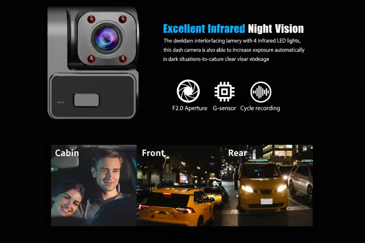 Dual-Lens Car Accessories Dash Cam Fhd1080P Front and 720P Internal Wide-Angle Recording Car Dvr Camera with Infrared Night Vision